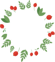Round frame of cranberries and green leaves in flat png