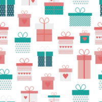 Seamless pattern with pink, white and blue gift boxes with hearts in flat png