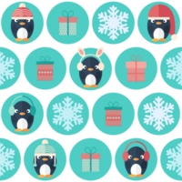 Seamless pattern with penguins in hats ,gift boxes and snowflakes png