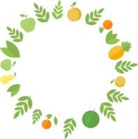 Round frame of fruits - pineapple, oranges, peach, watermelon, and green leaves in flat png