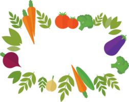 Frame of vegetables - tomato, eggplant, onion, broccoli, carrot, and green leaves in flat png