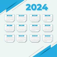 2024 mensual escritorio calendario plantilla,semana empieza en domingo, conjunto de 12 meses, planificador, impresión modelo. vector