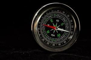 a black and silver compass on a black background photo