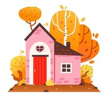 Cozy house on the background of an autumn landscape. Cartoon vector illustration.