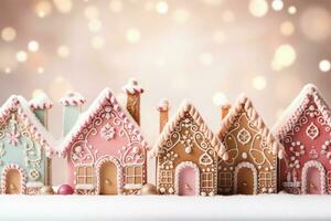 Gingerbread house vignettes on pastel Christmas backdrop background with empty space for text photo