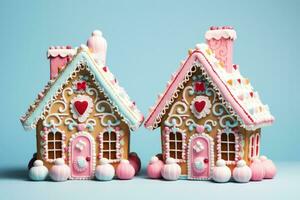 Enchanting pastel toned gingerbread houses with candy accents isolated on a gradient background photo