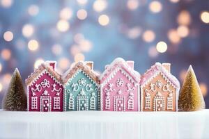 Fairytale Gingerbread Cottage panoramas on a Christmas Eve Pastel Spectrum background with empty space for text photo