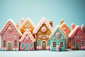 Enchanting pastel toned gingerbread houses with candy accents isolated on a gradient background photo