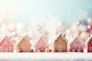 Sugarcoated gingerbread homes in pastel holiday ambiance background with empty space for text photo