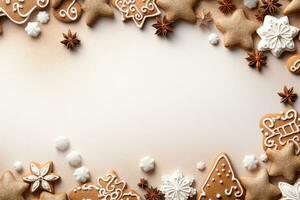 Pastel Christmas canvas with gingerbread decor background with empty space for text photo