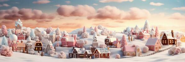 Artistic Yuletide gingerbread estates amidst pastel landscapes background with empty space for text photo