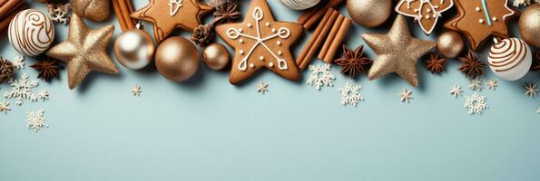 Pastel Christmas canvas with gingerbread decor background with empty space for text photo