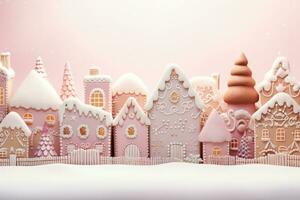 Dreamy gingerbread village in pastel holiday tones background with empty space for text photo
