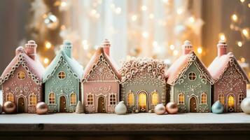 caramelo adornado pan de jengibre casas con Navidad decoraciones reflejado en suave sonrojo menta verde lavanda y cremoso blanco matices foto