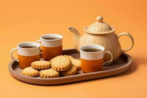 Classic British tea set with biscuits isolated on a gradient background photo