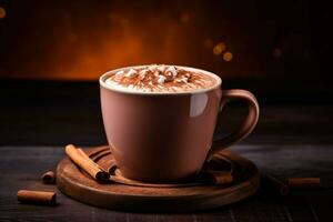 Artisanal hot chocolate in warm cafe ambiance isolated on a gradient background photo