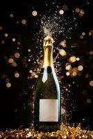 Champagne bottle popping with confetti celebrating a special moment isolated on a white background photo