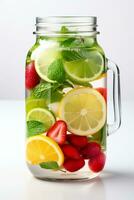 Detox water infusion with fresh fruit and herbs isolated on a white background photo