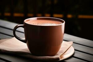 Artisanal hot chocolate in cozy cafe setting background with empty space for text photo