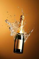 Champagne bottle popping with joy isolated on a gradient background photo