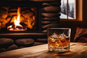 Cold whiskey sampling in cozy winter cabin background with empty space for text photo