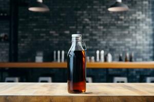 Artisanal cold brew coffee in industrial chic cafeteria background with empty space for text photo