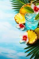 Ice blue Hawaiian cocktails at luau party background with empty space for text photo
