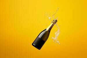 Champagne bottle popping with joy isolated on a gradient background photo