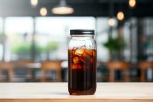 Artisanal cold brew coffee in industrial chic cafeteria background with empty space for text photo