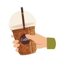 Hand with plastic glass with cold drink. Take away. Vector graphic.