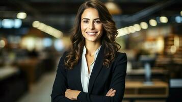 Portrait of a beautiful confident businesswoman smiling and crossed arm in a modern office.For business, marketing, advertising concept. Generative AI photo