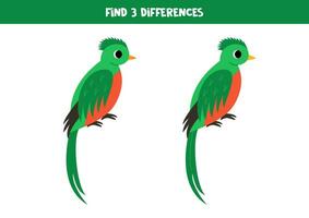 Find 3 differences between two cute cartoon quetzal. vector