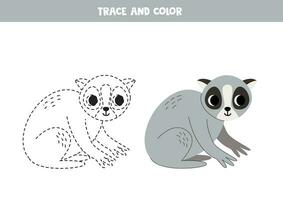 Trace and color cartoon slow lori. Worksheet for children. vector