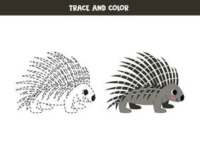 Trace and color cartoon porcupine. Worksheet for children. vector