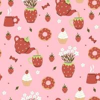 Seamless pattern with strawberry cups, teapots. Vector graphics.