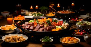 Festive table, many dishes from different countries of the world - AI generated image photo