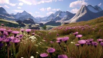 A field of grass and purple flowers, mountains and a bright spring sky in the background. Generative AI photo