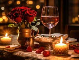 Romantic dinner setting with flowers and silverware, candle and red rose on table. Generative AI photo