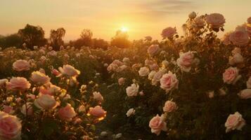Pink rose field in sunset light, in the style of sun rays shining upon a field of roses. Generative AI photo
