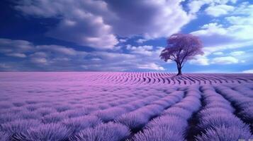 A vast and serene lavender field stretching out into the distance, a tree and a bright sky in the background. Generative AI photo