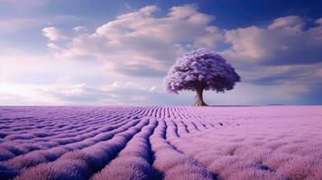 A vast and serene lavender field stretching out into the distance, a tree and a bright sky in the background. Generative AI photo