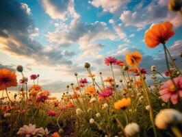 Beautiful summer field of colorful cosmos flowers, natural sunlight, and bright summer sky background. Generative AI photo