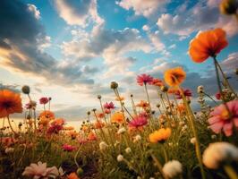 hermosa verano campo de vistoso cosmos flores, natural luz de sol, y brillante verano cielo antecedentes. generativo ai foto