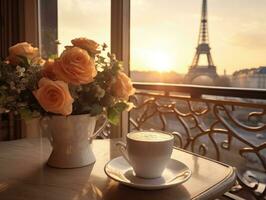 un taza de café y florero de flores en el mesa por el ventana en frente de el eiffel torre en París durante puesta de sol. generativo ai foto