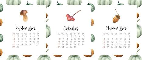 Watercolor autumn calendar 2024. Watercolor botanical autumn 2024 calendar with mushroom, acorn and pumpkins. photo