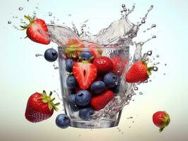 Juice splash and sliced fruit falling into a glass. Generative AI photo