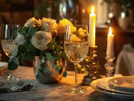 White floral table setting for a romantic dinner table with table cloth, candles and silverware. Generative AI photo