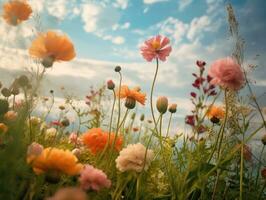 A beautiful summer field of colorful cosmos flowers, natural sunlight, and bright summer sky background. Generative AI photo