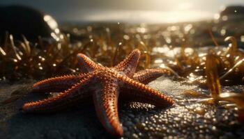 estrella de mar en naturaleza, cerca arriba en arena, estrella forma submarino generado por ai foto