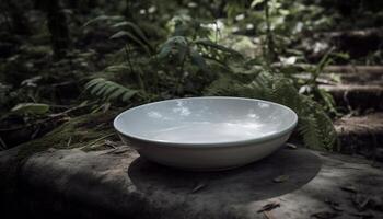 Fresh green leaves on a wooden bowl in a forest generated by AI photo